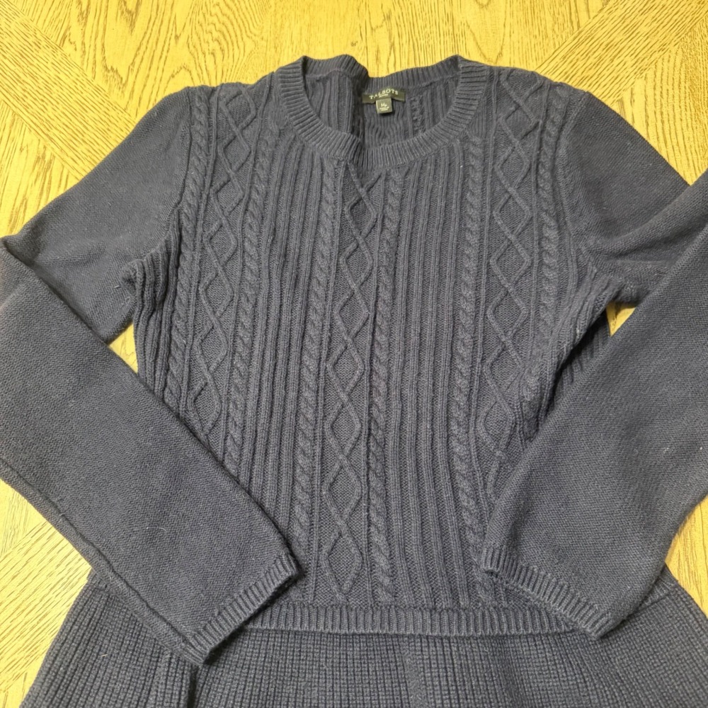 Talbots Petites Medium Petite Navy Blue Long Sleeve Cable Knit Peplum Sweater - Picture 6 of 7